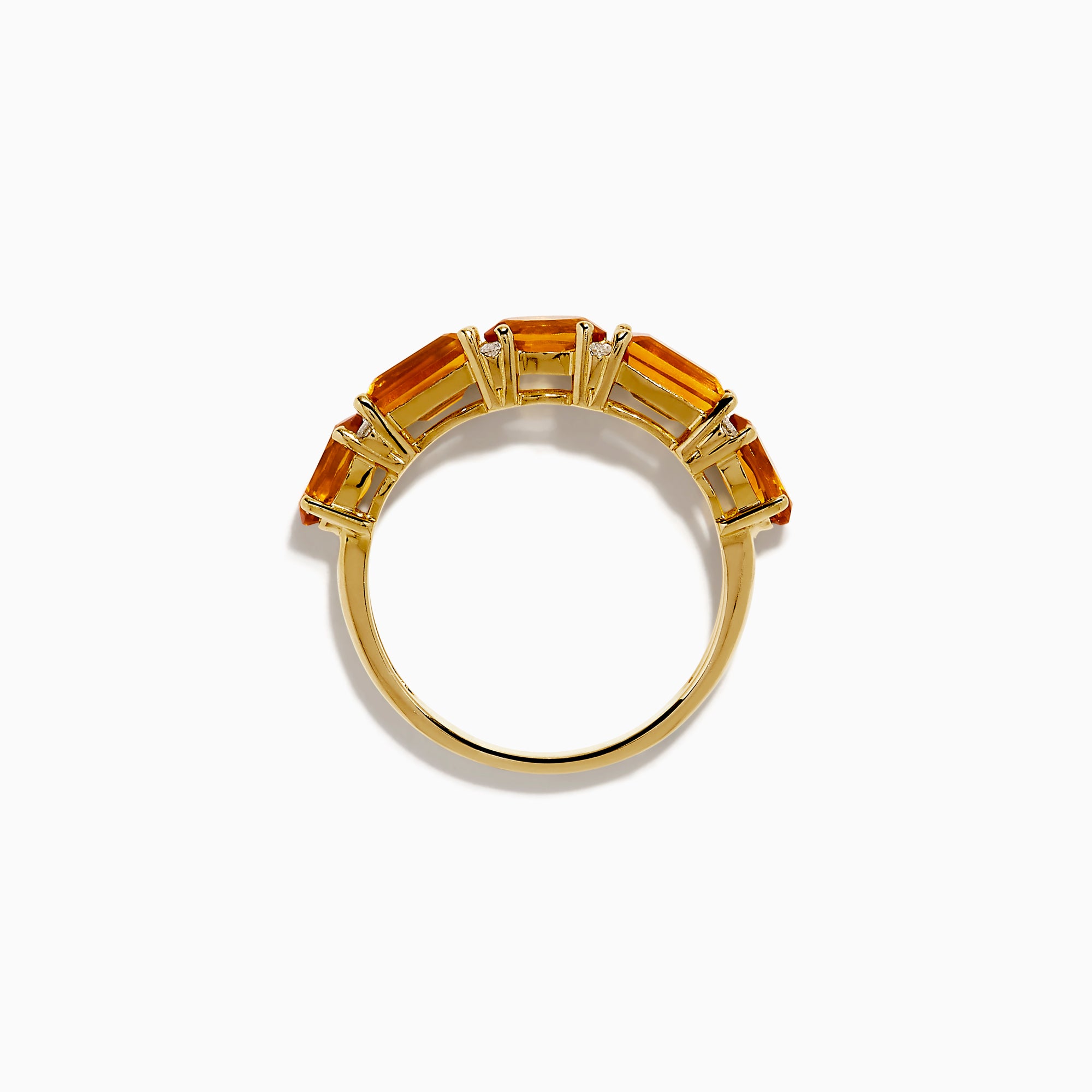 The 14K Yellow Gold Citrine and Diamond Band features five rectangular orange citrine gemstones in prongs on a polished yellow gold band.