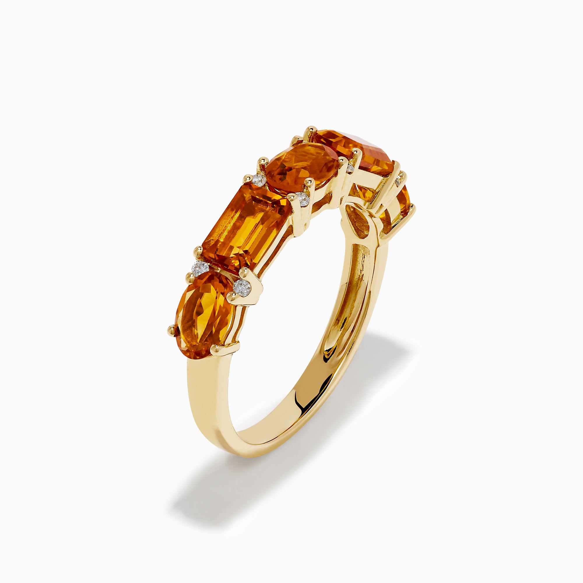 The 14K Yellow Gold Citrine and Diamond Band features five rectangular orange citrine gemstones in prongs on a polished yellow gold band.