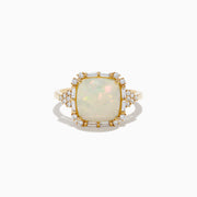 The Aurora 14K Yellow Gold Opal and Diamond Ring features a rectangular opal center stone with a decorative halo of round and baguette-cut diamonds, beautifully set in yellow gold.