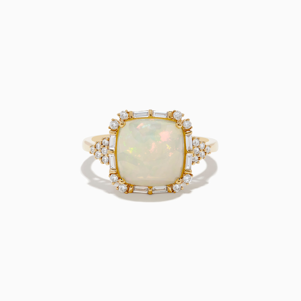The Aurora 14K Yellow Gold Opal and Diamond Ring features a rectangular opal center stone with a decorative halo of round and baguette-cut diamonds, beautifully set in yellow gold.