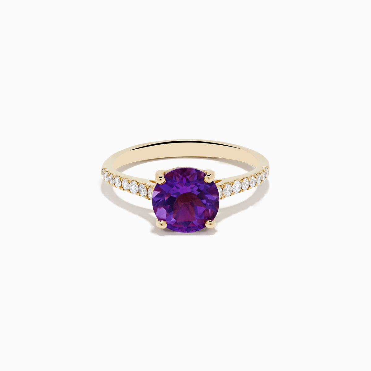 The 14K Yellow Gold Amethyst and Diamond Ring showcases a large round amethyst center accented with small white diamonds along the band, displayed on a white background.