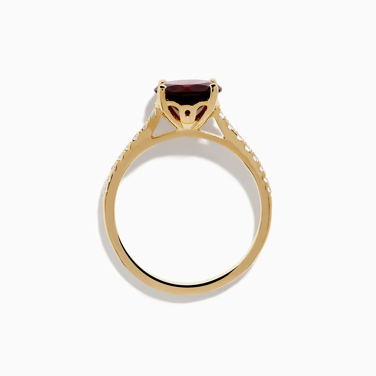 The 14K Yellow Gold Garnet and Diamond Ring features a large round deep red garnet center, accented by small white diamonds on each side of the band, displayed against a white background.