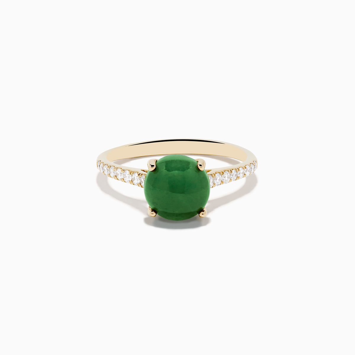 The 14K Yellow Gold Dyed Jade Ring Diamond Ring features a large round dyed jade center stone with small white diamonds set along the band.