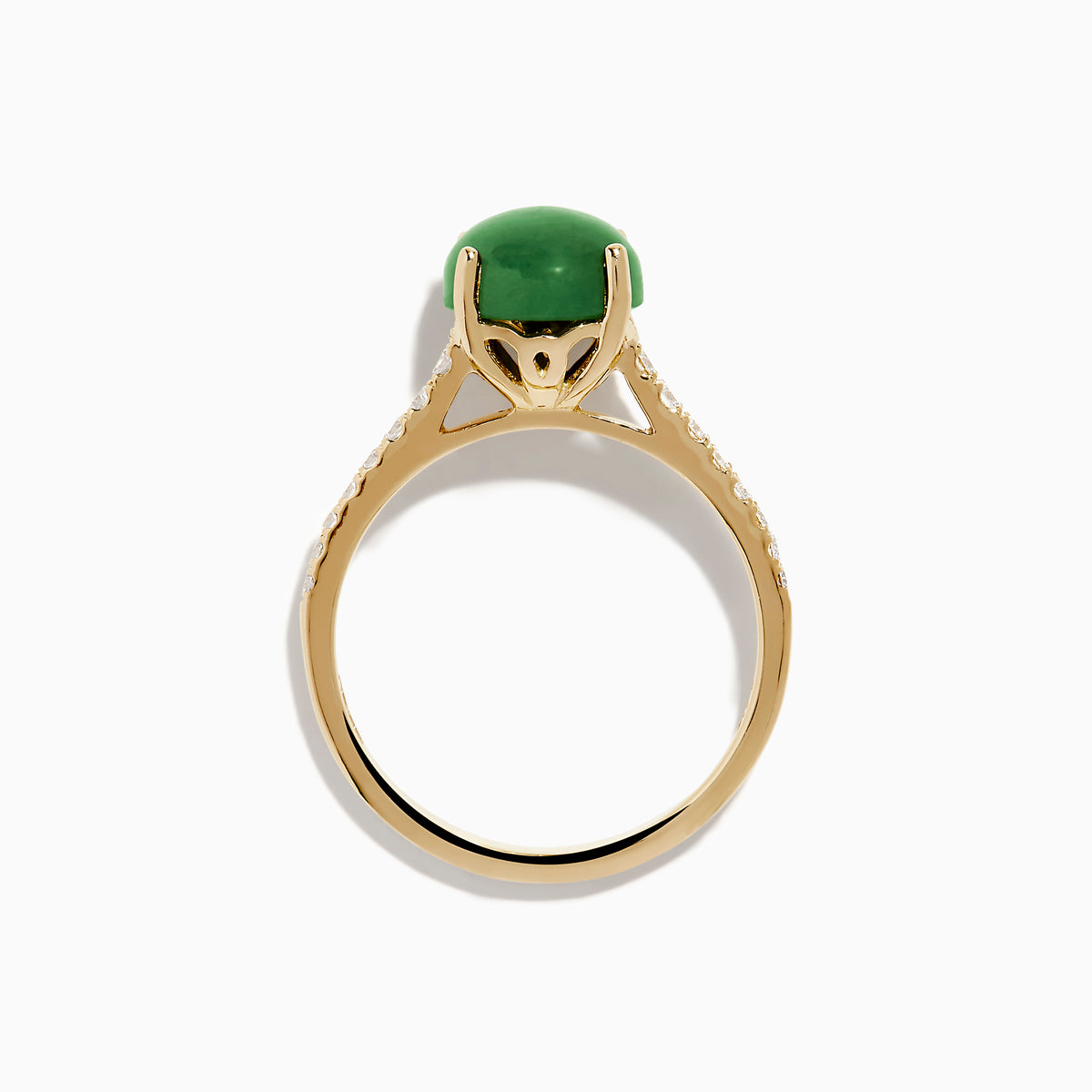 The 14K Yellow Gold Dyed Jade Ring Diamond Ring features a large round dyed jade center stone with small white diamonds set along the band.