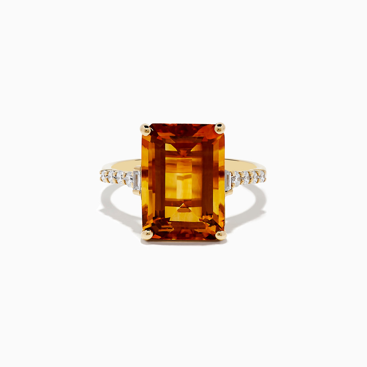 The Sunset 14K Yellow Gold Citrine and Diamond Ring features a striking rectangular citrine centerpiece accented with small round diamonds along the band, beautifully displayed on a white background.