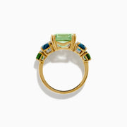 The 14K Yellow Gold Amethyst, Blue Topaz, and Chrome Diopside Cocktail Ring features a large rectangular amethyst center stone, flanked by two oval blue topaz and two smaller chrome diopside stones on each side.