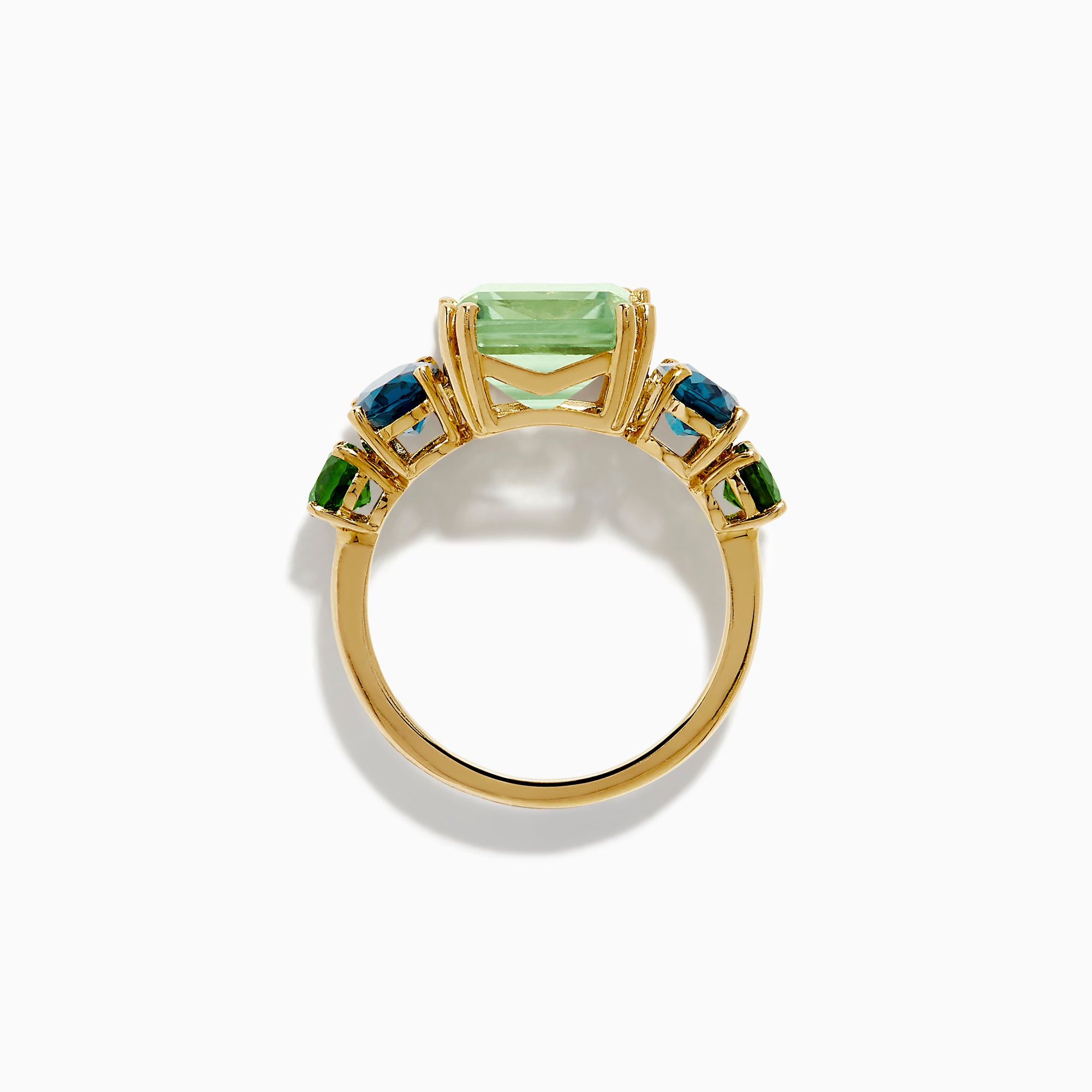 The 14K Yellow Gold Amethyst, Blue Topaz, and Chrome Diopside Cocktail Ring features a large rectangular amethyst center stone, flanked by two oval blue topaz and two smaller chrome diopside stones on each side.