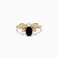 The Nature 14K Yellow Gold Onyx and Diamond Bee Ring showcases an oval onyx body with sparkling white diamond wings and head, displayed on a plain white background.