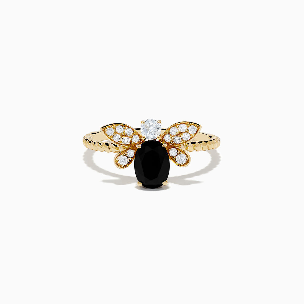 The Nature 14K Yellow Gold Onyx and Diamond Bee Ring showcases an oval onyx body with sparkling white diamond wings and head, displayed on a plain white background.