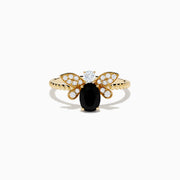 The Nature 14K Yellow Gold Onyx and Diamond Bee Ring showcases an oval onyx body with sparkling white diamond wings and head, displayed on a plain white background.