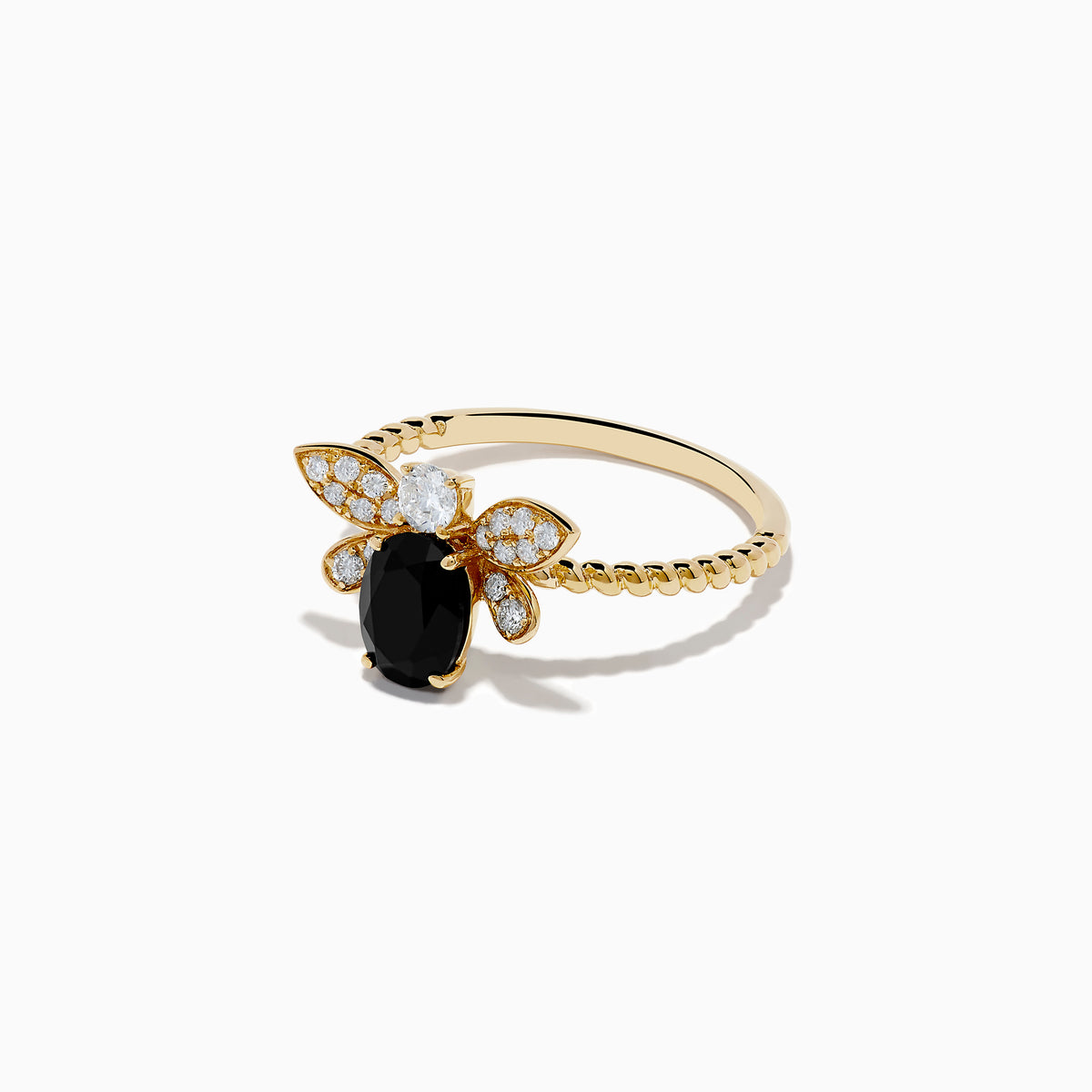 The Nature 14K Yellow Gold Onyx and Diamond Bee Ring showcases an oval onyx body with sparkling white diamond wings and head, displayed on a plain white background.