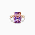 The 14K Yellow Gold Ametrine and Diamond Ring features a vivid purple and pink rectangular ametrine, accented by small round diamonds on each side of the band, shown against a white background.