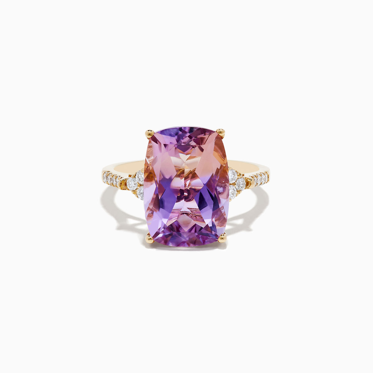 The 14K Yellow Gold Ametrine and Diamond Ring features a vivid purple and pink rectangular ametrine, accented by small round diamonds on each side of the band, shown against a white background.