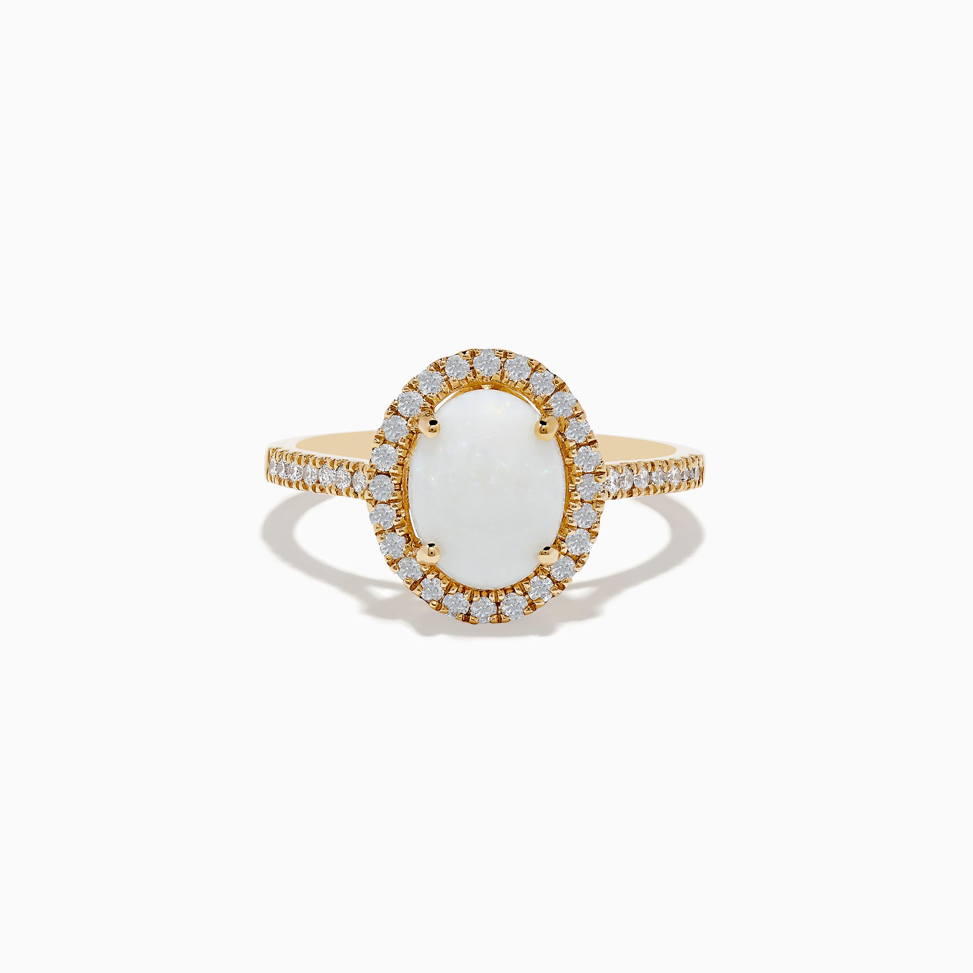 The Aurora 14K Yellow Gold Opal and Diamond Ring showcases an oval opal center, haloed by round diamonds and accented with more diamonds along its elegant band.