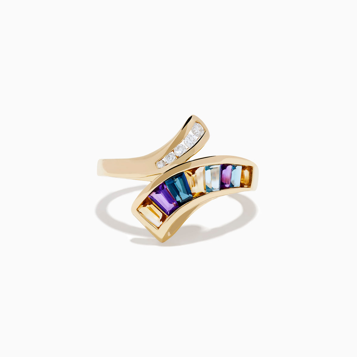 The Mosaic 14K Yellow Gold Multi Color Gemstone and Diamond Bypass Ring features asymmetrical arms set with white diamonds and rectangular multi color gemstones, shown on a white background.