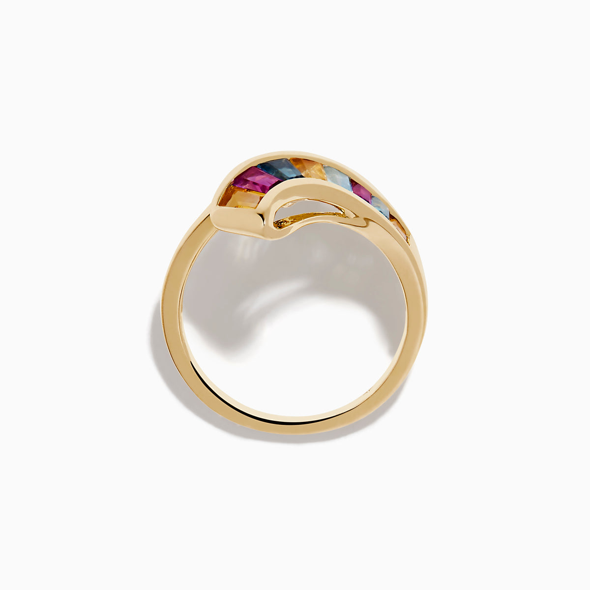 The Mosaic 14K Yellow Gold Multi Color Gemstone and Diamond Bypass Ring features asymmetrical arms set with white diamonds and rectangular multi color gemstones, shown on a white background.