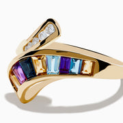 The Mosaic 14K Yellow Gold Multi Color Gemstone and Diamond Bypass Ring features asymmetrical arms set with white diamonds and rectangular multi color gemstones, shown on a white background.