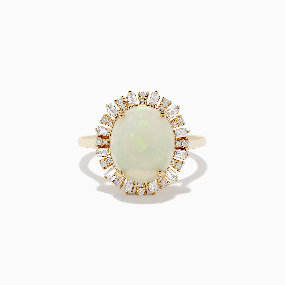 The Aurora 14K Yellow Gold Opal Diamond Ring showcases an oval opal center, encircled by a halo of baguette-cut diamonds, set against a white background.