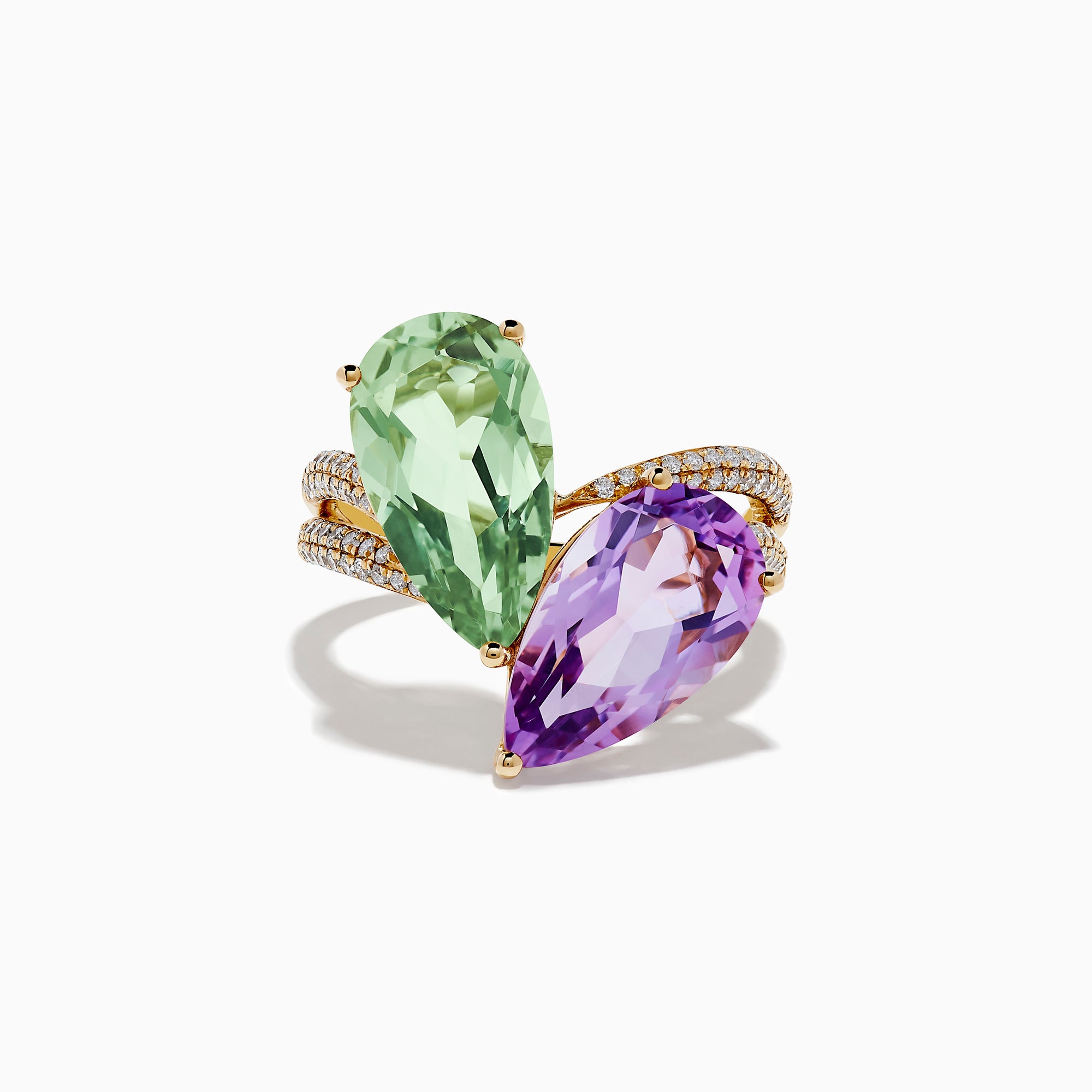 The 14K Gold Diamond, Pink and Green Amethyst Toi Et Moi Ring features two large teardrop-shaped gemstones—light green amethyst and pink amethyst—set side by side on a diamond-accented band.