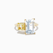 The 14K Yellow Gold White Topaz and Lemon Quartz Toi et Moi Ring showcases a large rectangular White Topaz beside a smaller Lemon Quartz, both set on a simple yellow gold band.