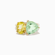 14K Yellow Gold Green Amethyst and Lemon Quartz Two-Stone Ring