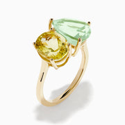 14K Yellow Gold Green Amethyst and Lemon Quartz Two-Stone Ring