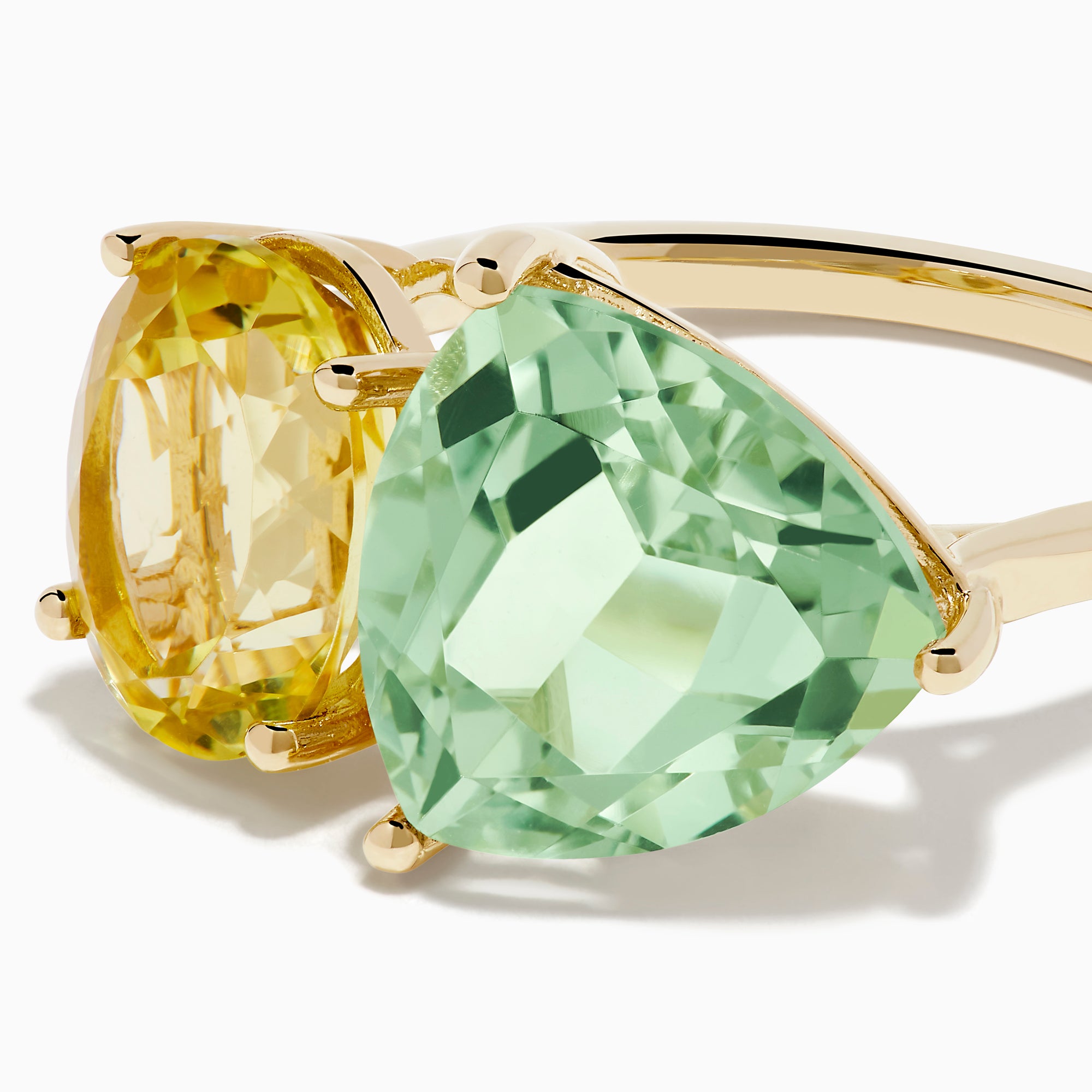 14K Yellow Gold Green Amethyst and Lemon Quartz Two-Stone Ring