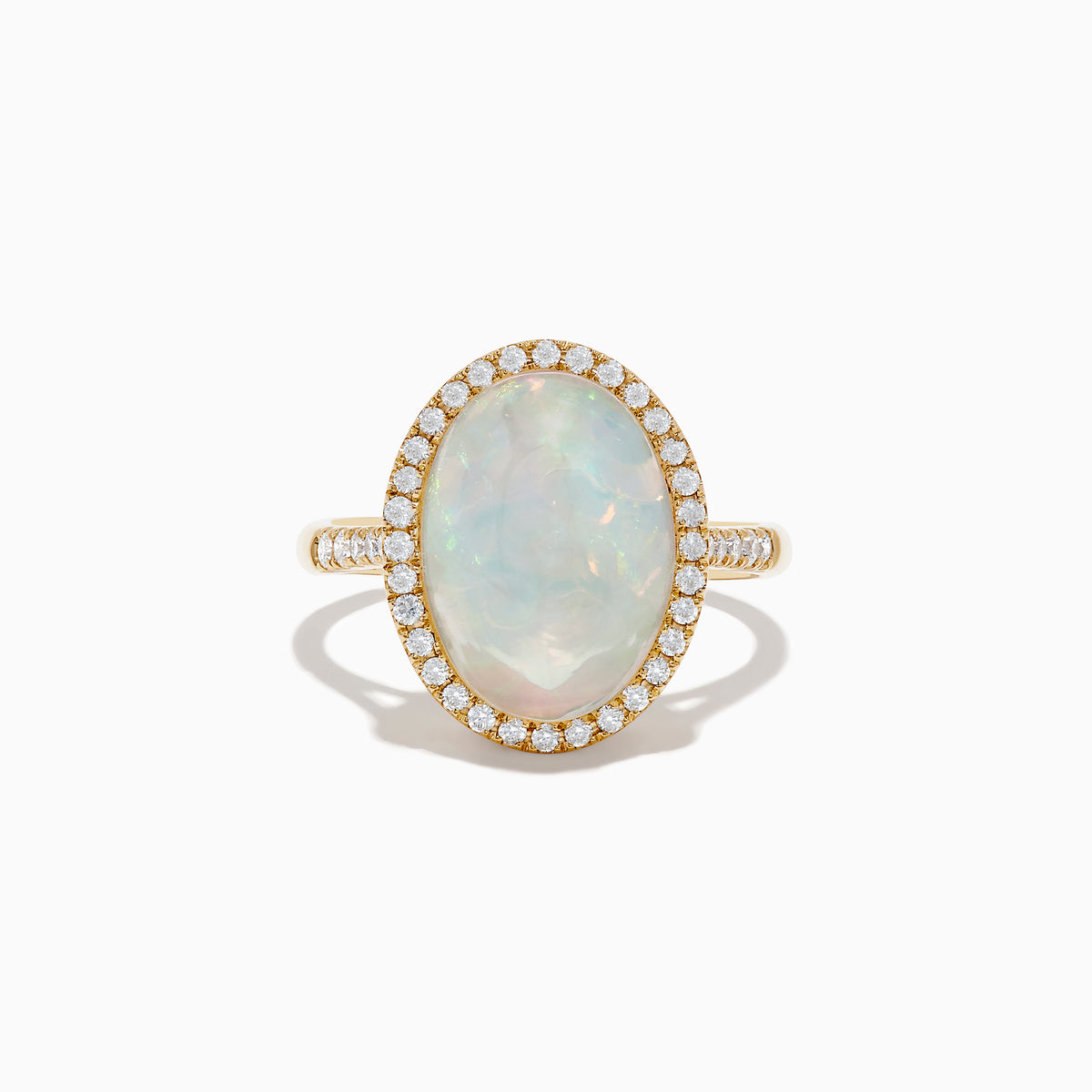 The 14K Yellow Gold Opal and Diamond Ring showcases an oval opal encircled by a halo of round diamonds, with more diamonds along the band, displayed on a white background.