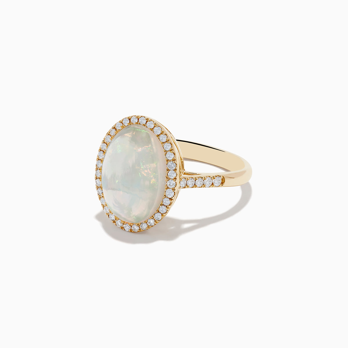 The 14K Yellow Gold Opal and Diamond Ring showcases an oval opal encircled by a halo of round diamonds, with more diamonds along the band, displayed on a white background.