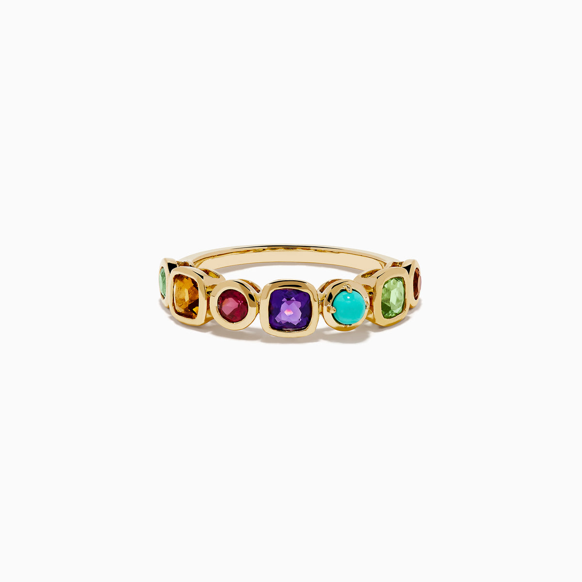 The 14K Yellow Gold Multi Color Gemstone Bezel Band features a row of bezel-set purple, red, turquoise, orange, and green gemstones in various shapes and sizes.