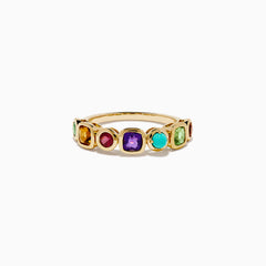 The 14K Yellow Gold Multi Color Gemstone Bezel Band features a row of bezel-set purple, red, turquoise, orange, and green gemstones in various shapes and sizes.