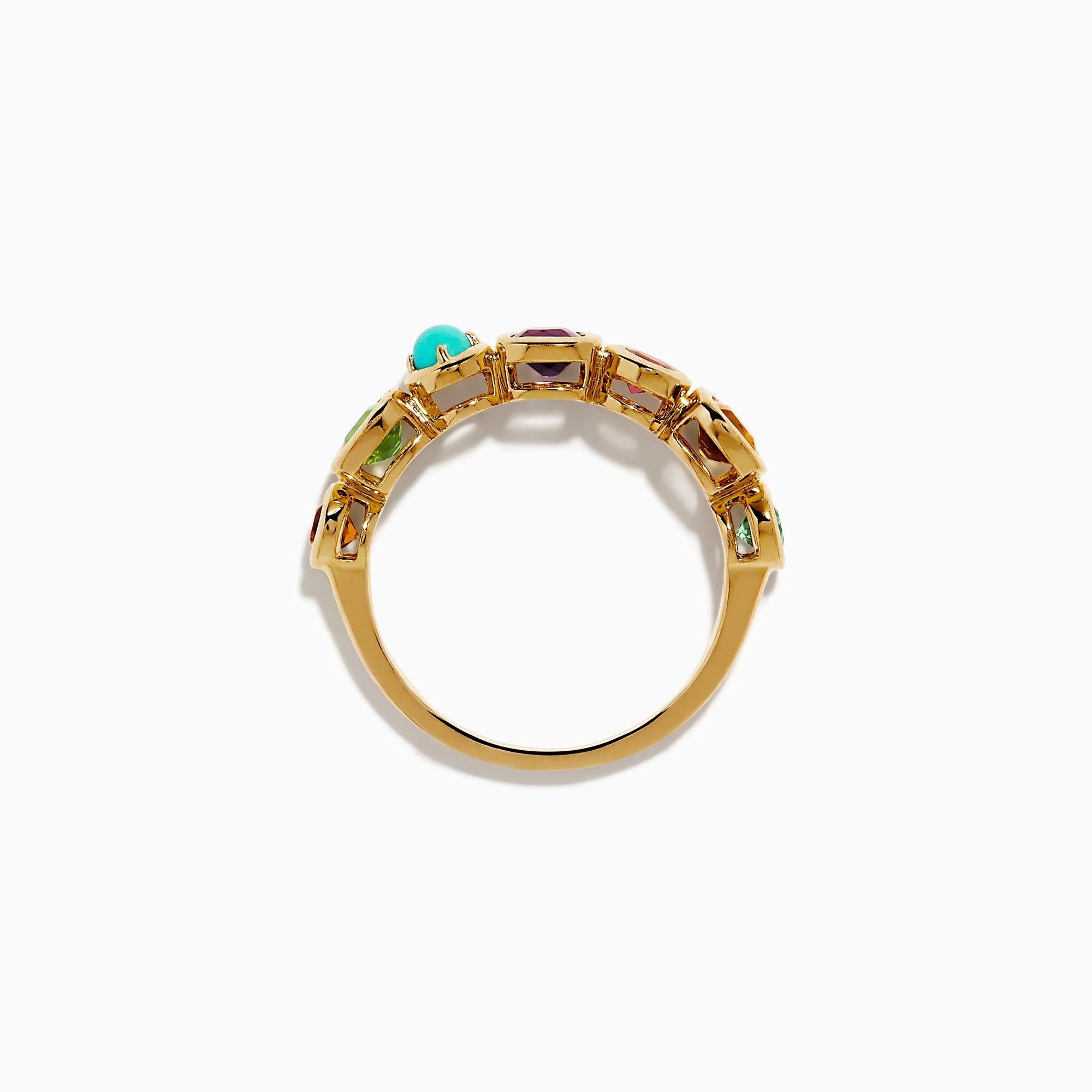 The 14K Yellow Gold Multi Color Gemstone Bezel Band features a row of bezel-set purple, red, turquoise, orange, and green gemstones in various shapes and sizes.