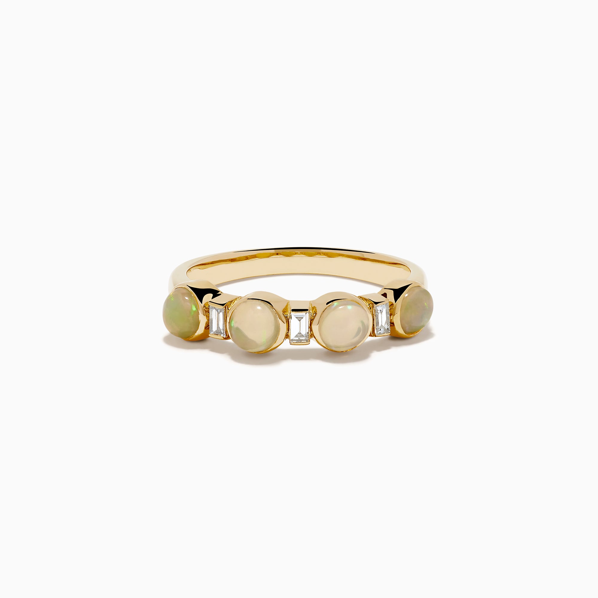 The 14K Yellow Gold Opal and Diamond Bezel Band showcases four round opals and three small rectangular diamonds set in a row, displayed on a white background.