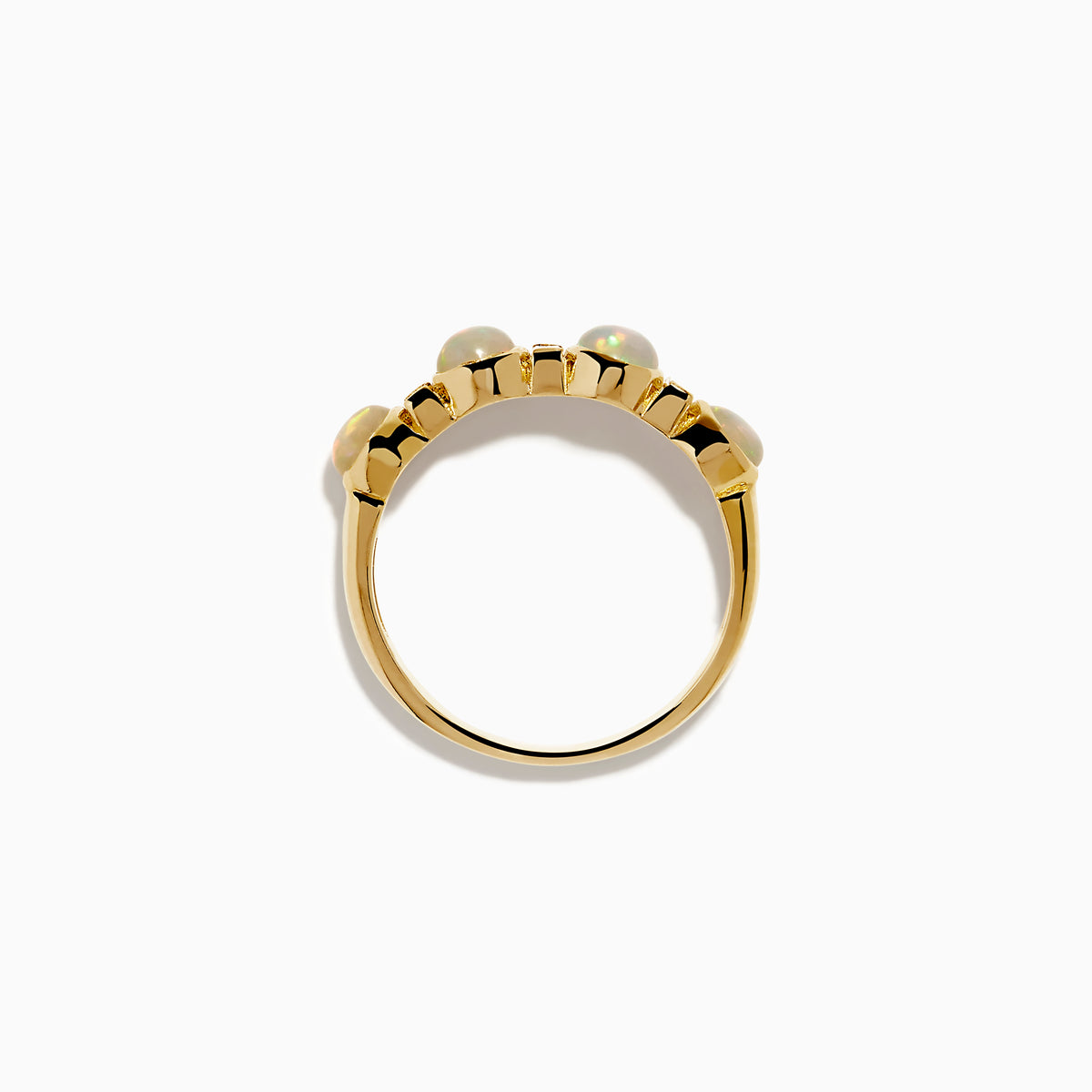 The 14K Yellow Gold Opal and Diamond Bezel Band showcases four round opals and three small rectangular diamonds set in a row, displayed on a white background.