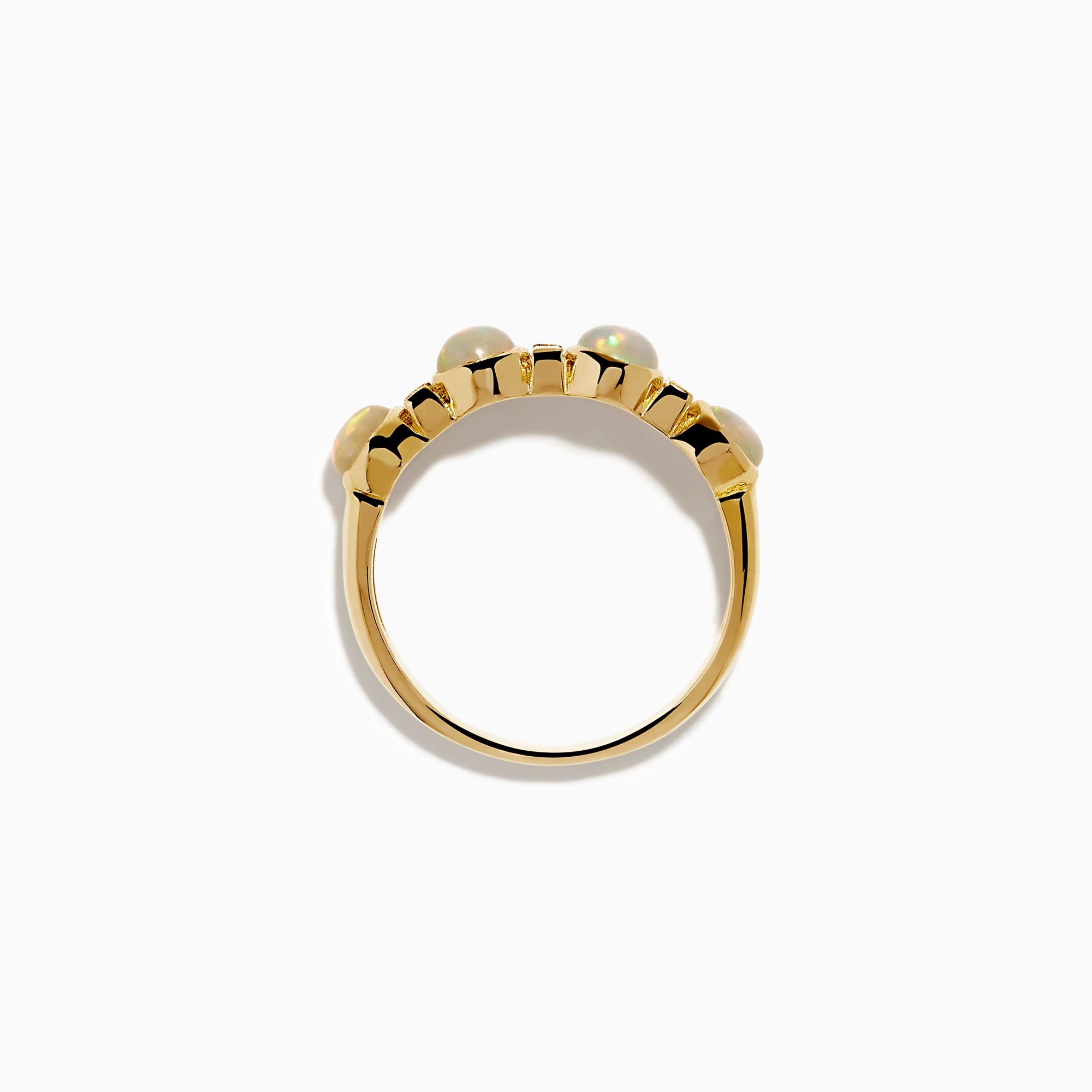 The 14K Yellow Gold Opal and Diamond Bezel Band showcases four round opals and three small rectangular diamonds set in a row, displayed on a white background.
