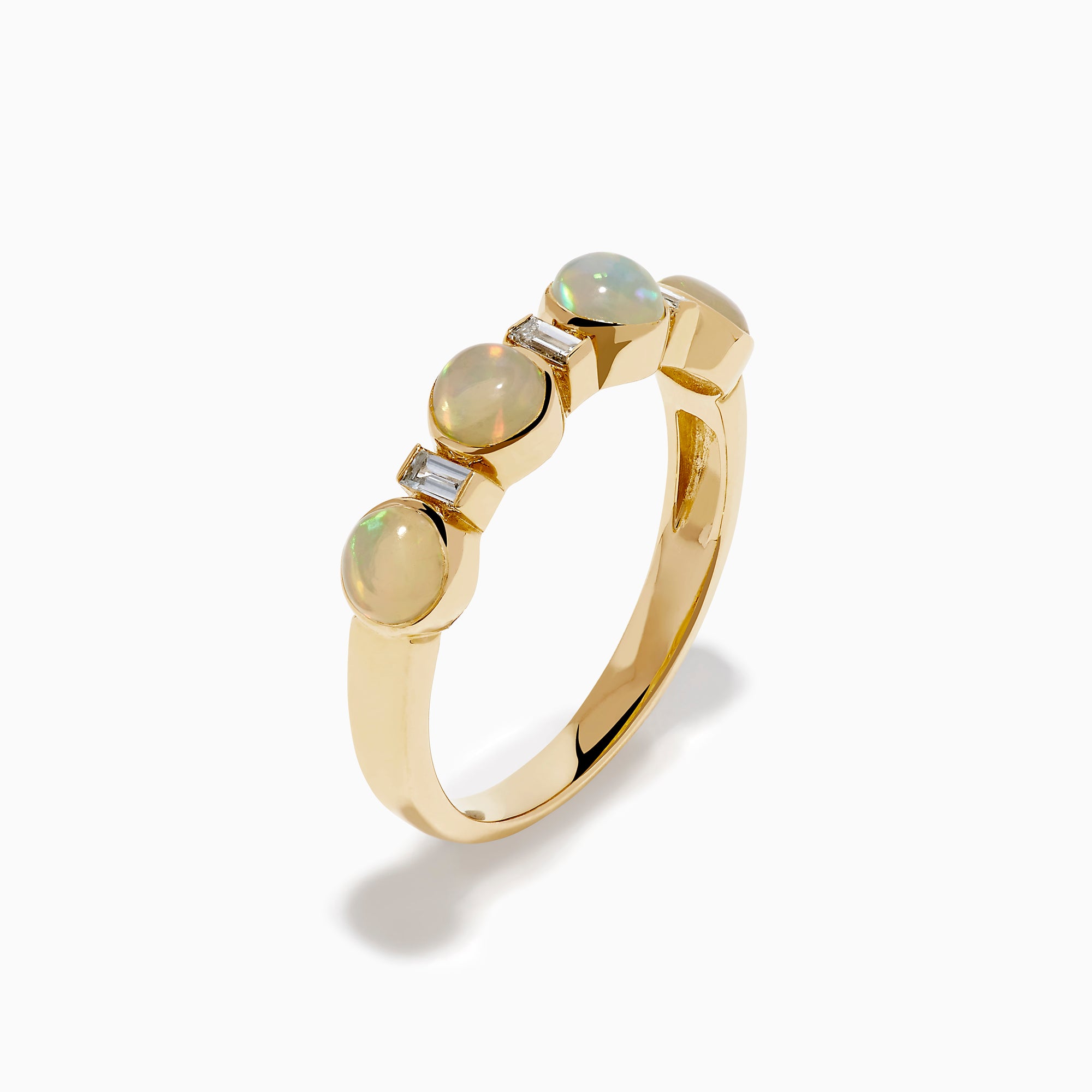 The 14K Yellow Gold Opal and Diamond Bezel Band showcases four round opals and three small rectangular diamonds set in a row, displayed on a white background.