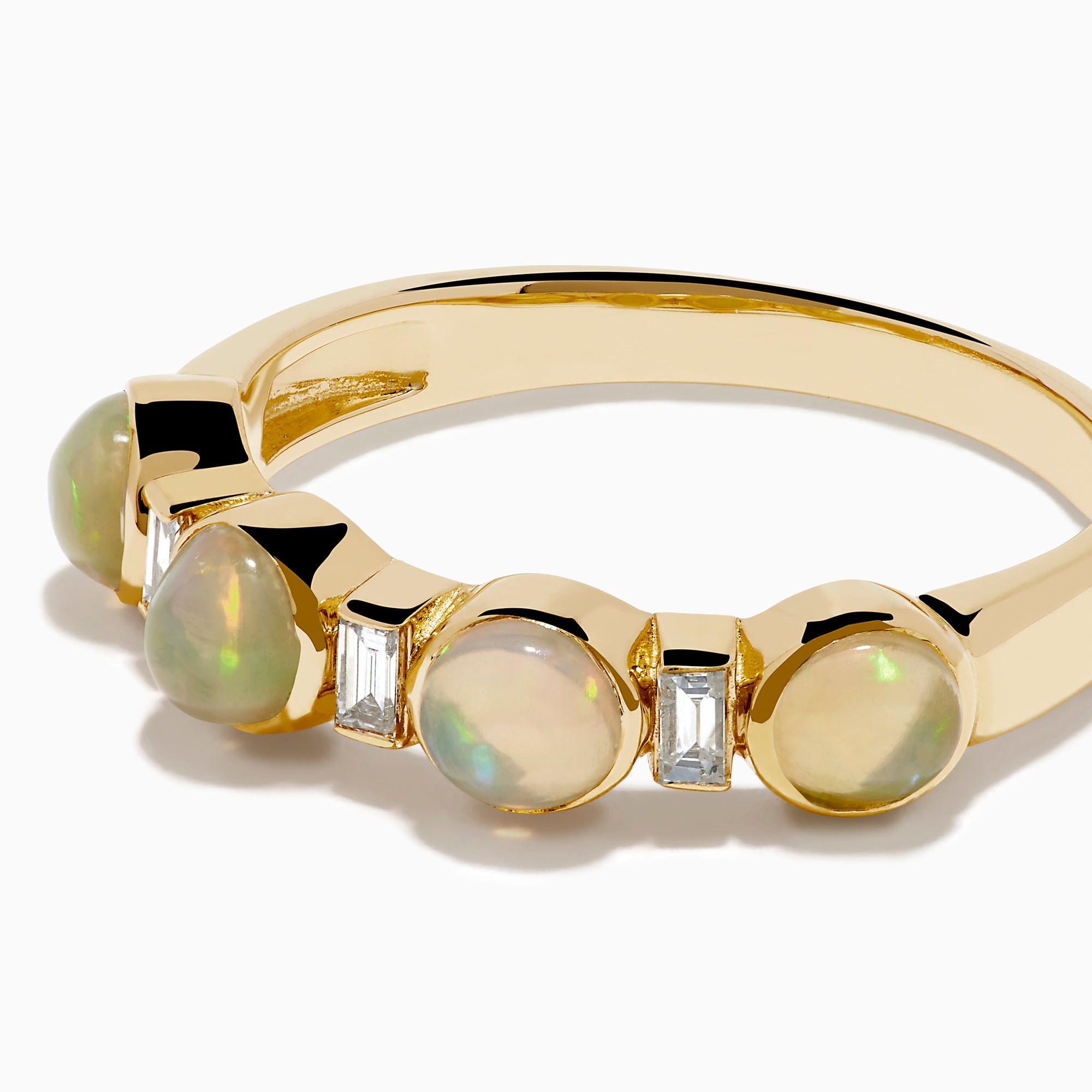 The 14K Yellow Gold Opal and Diamond Bezel Band showcases four round opals and three small rectangular diamonds set in a row, displayed on a white background.