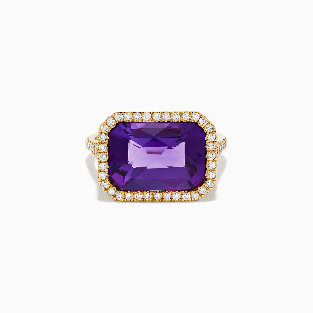 The 14K Yellow Gold Amethyst and Diamond Halo East West Cocktail Ring showcases a rectangular purple amethyst center with a diamond halo, set on yellow gold, displayed on a plain white background.