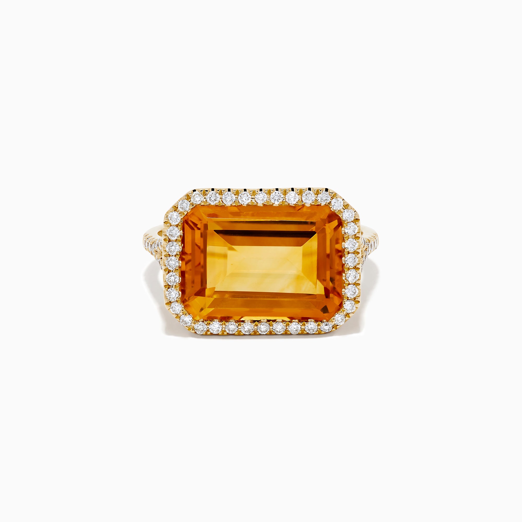 The 14K Yellow Gold Citrine and Diamond Halo East West Cocktail Ring showcases a large rectangular citrine gemstone with a diamond halo on a simple gold band, photographed against a white background.