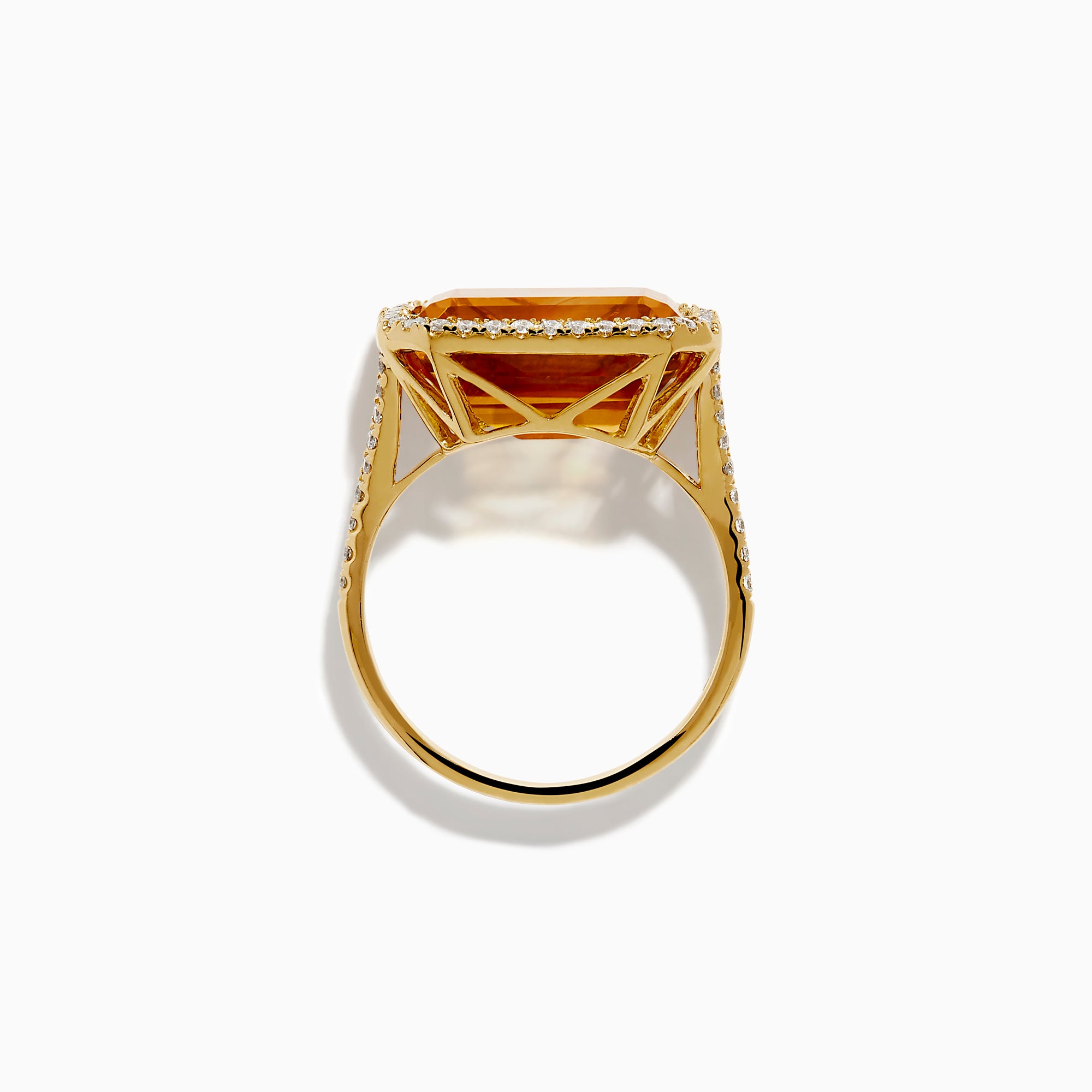 The 14K Yellow Gold Citrine and Diamond Halo East West Cocktail Ring showcases a large rectangular citrine gemstone with a diamond halo on a simple gold band, photographed against a white background.