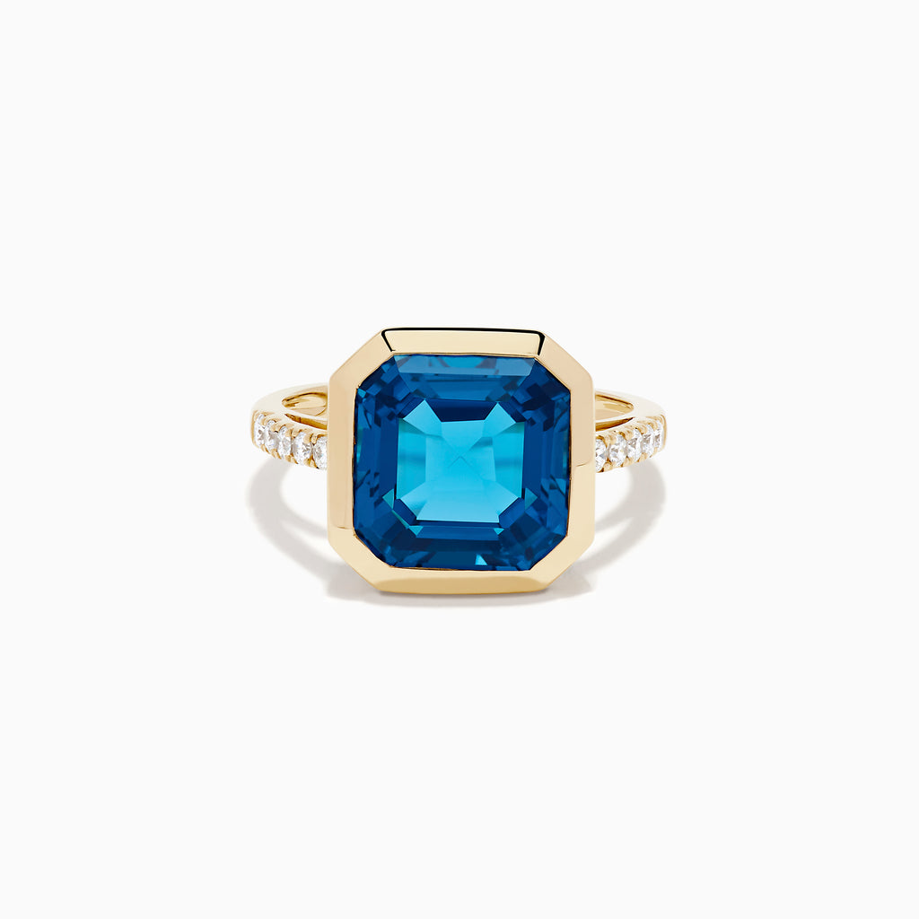 14K Yellow Gold Blue Topaz and Diamond Bezel-Set Ring
