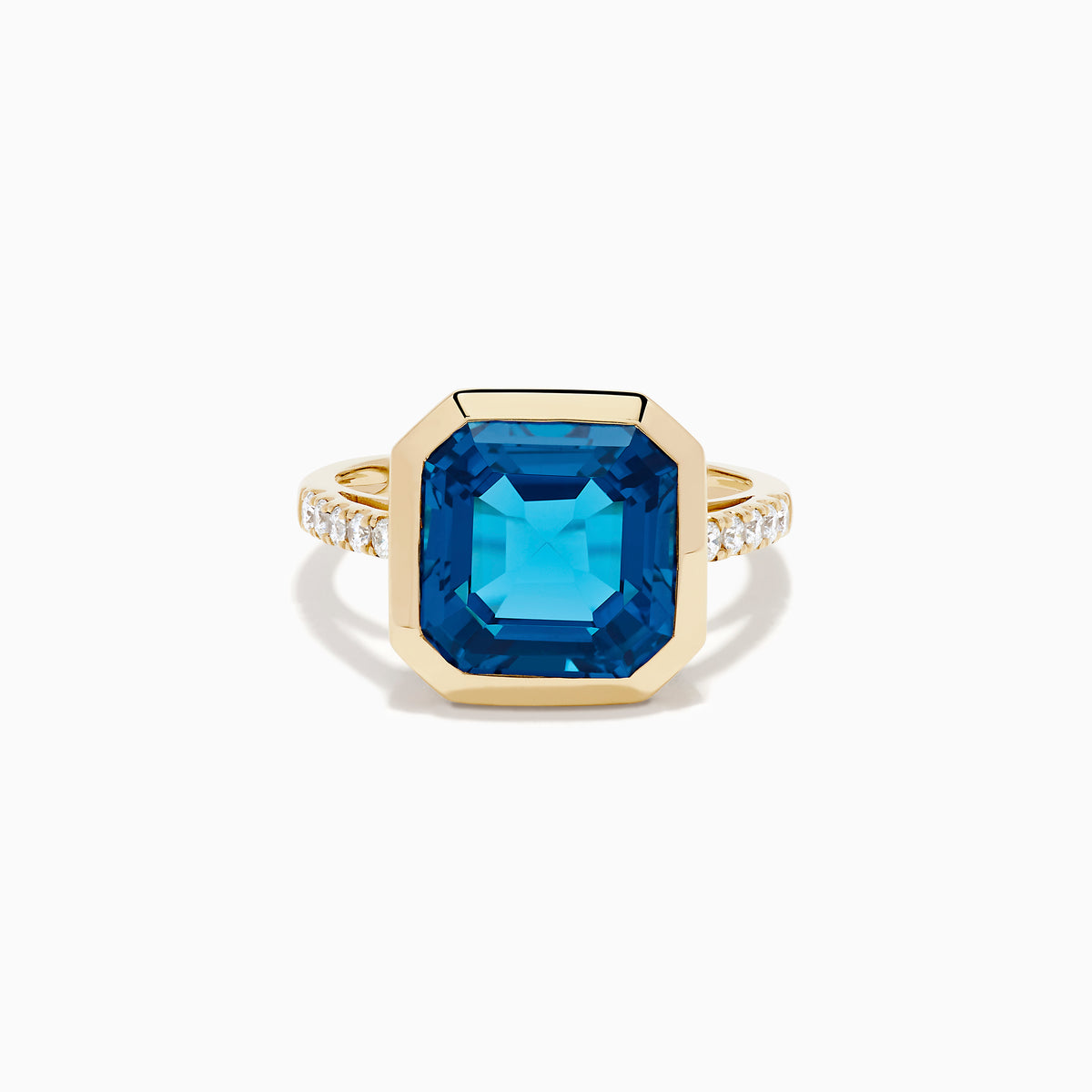14K Yellow Gold Blue Topaz and Diamond Bezel-Set Asscher Cut Ring