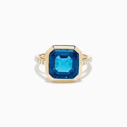 14K Yellow Gold Blue Topaz and Diamond Bezel-Set Asscher Cut Ring