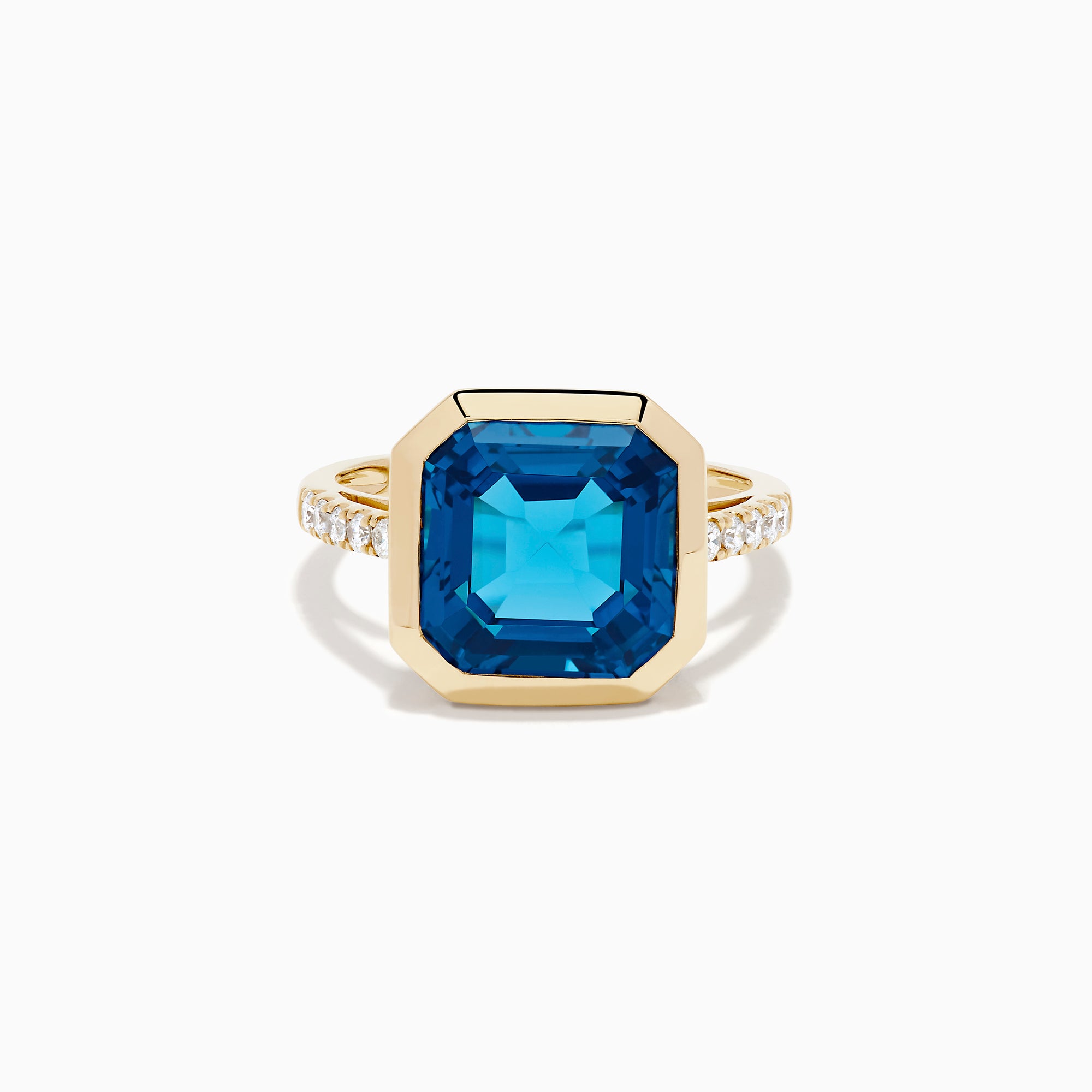 14K Yellow Gold Blue Topaz and Diamond Bezel-Set Asscher Cut Ring
