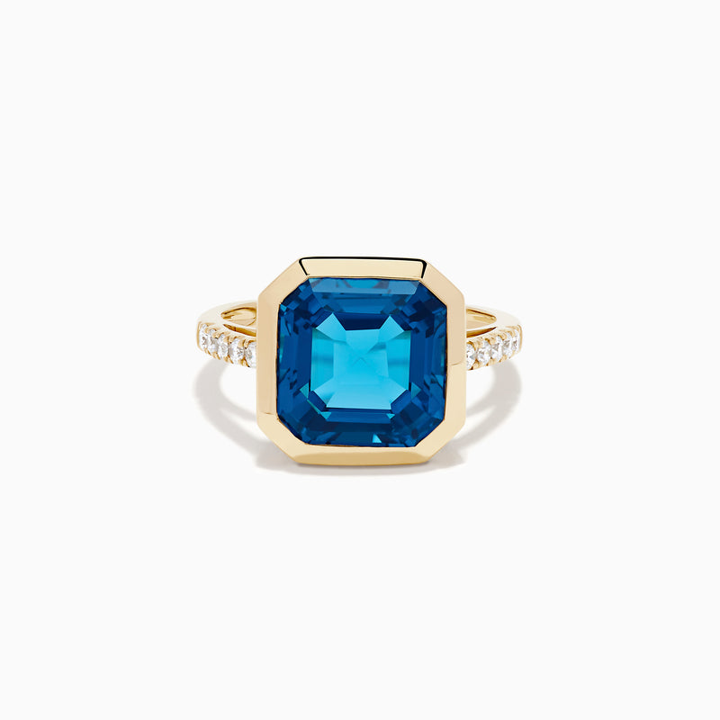 14K Yellow Gold Blue Topaz and Diamond Bezel-Set Ring