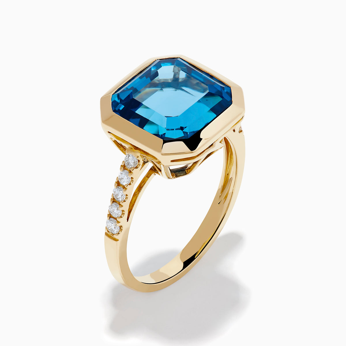 14K Yellow Gold Blue Topaz and Diamond Bezel-Set Asscher Cut Ring
