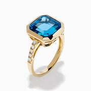 14K Yellow Gold Blue Topaz and Diamond Bezel-Set Asscher Cut Ring