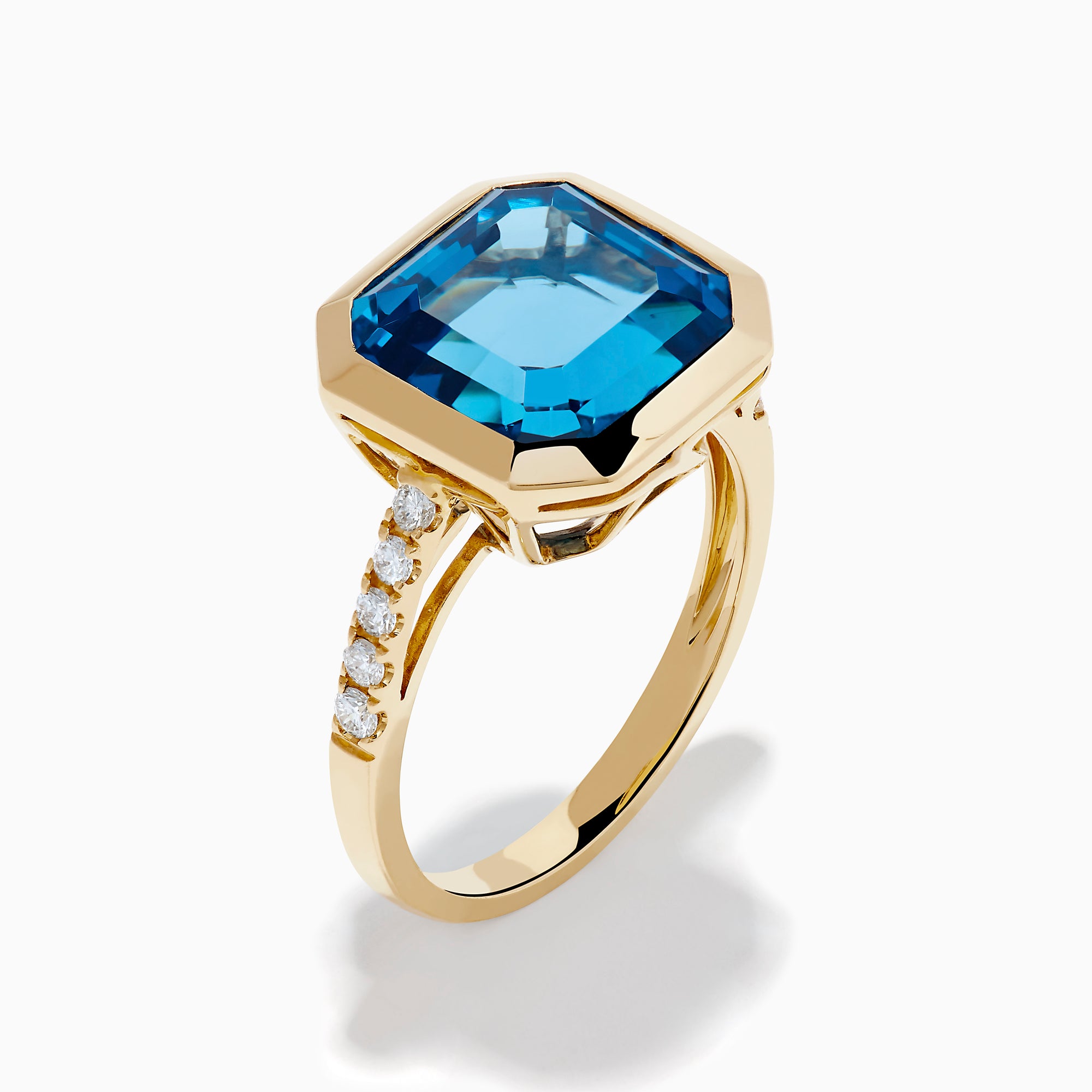 14K Yellow Gold Blue Topaz and Diamond Bezel-Set Asscher Cut Ring