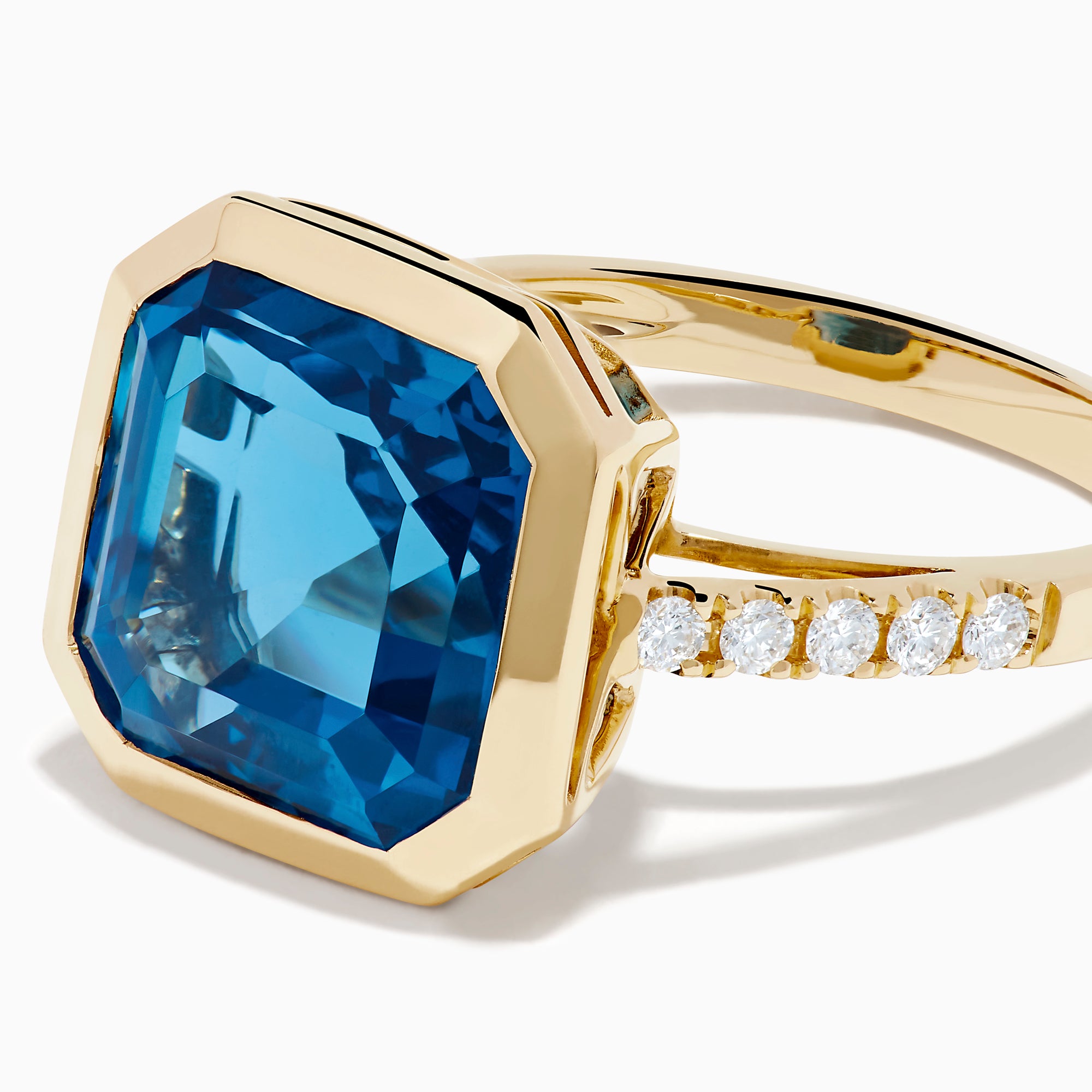 14K Yellow Gold Blue Topaz and Diamond Bezel-Set Asscher Cut Ring