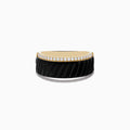 The Mens Eclipse 14K Yellow Gold Onyx and Diamond Band Ring features a row of small white diamonds atop a wide, black ridged onyx band, set against a white background.